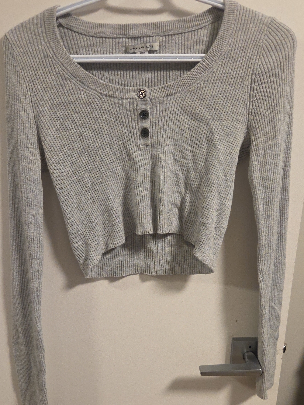 American Eagle Outfitters Light Gray Ribbed Cropped Henley